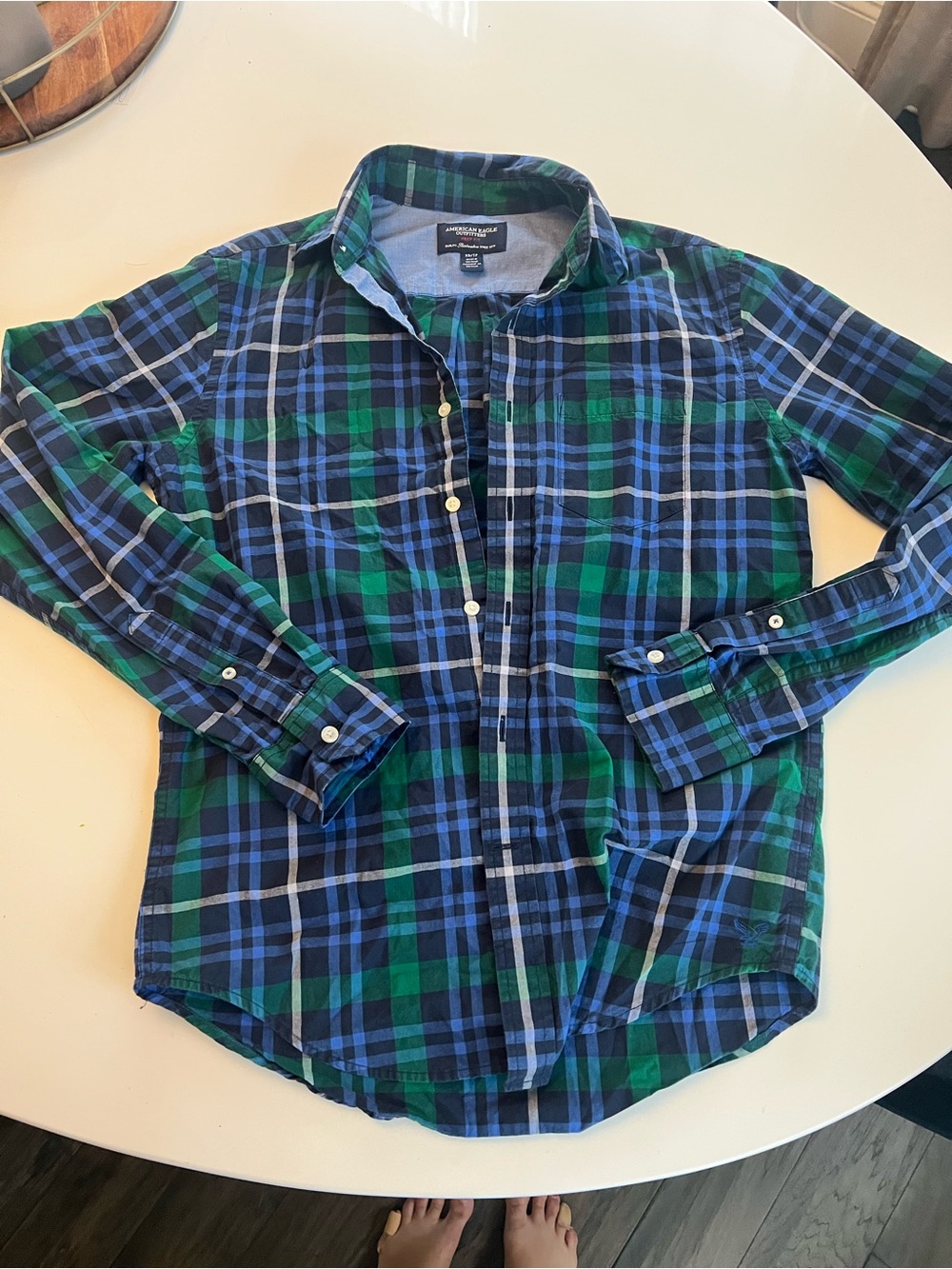 American Eagle Outfitters Blue & Green Plaid Button-Down Shirt
